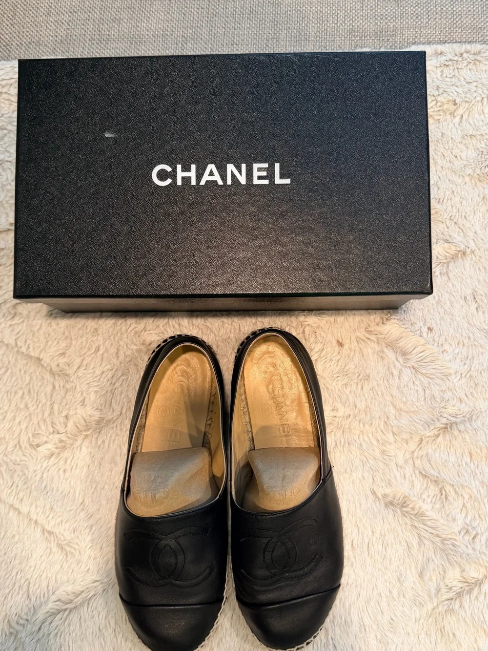 CHANEL Black Leather Espadrilles with CC Logo